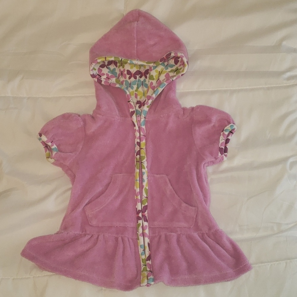 Zip-up Terry Cloth Robe w/ Butterfly Print Lining